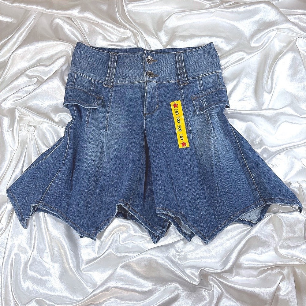 y2k Denim Skirt Blue NWT Handkerchief Hem Cargo Pocket Flare Boom Boom Jeans